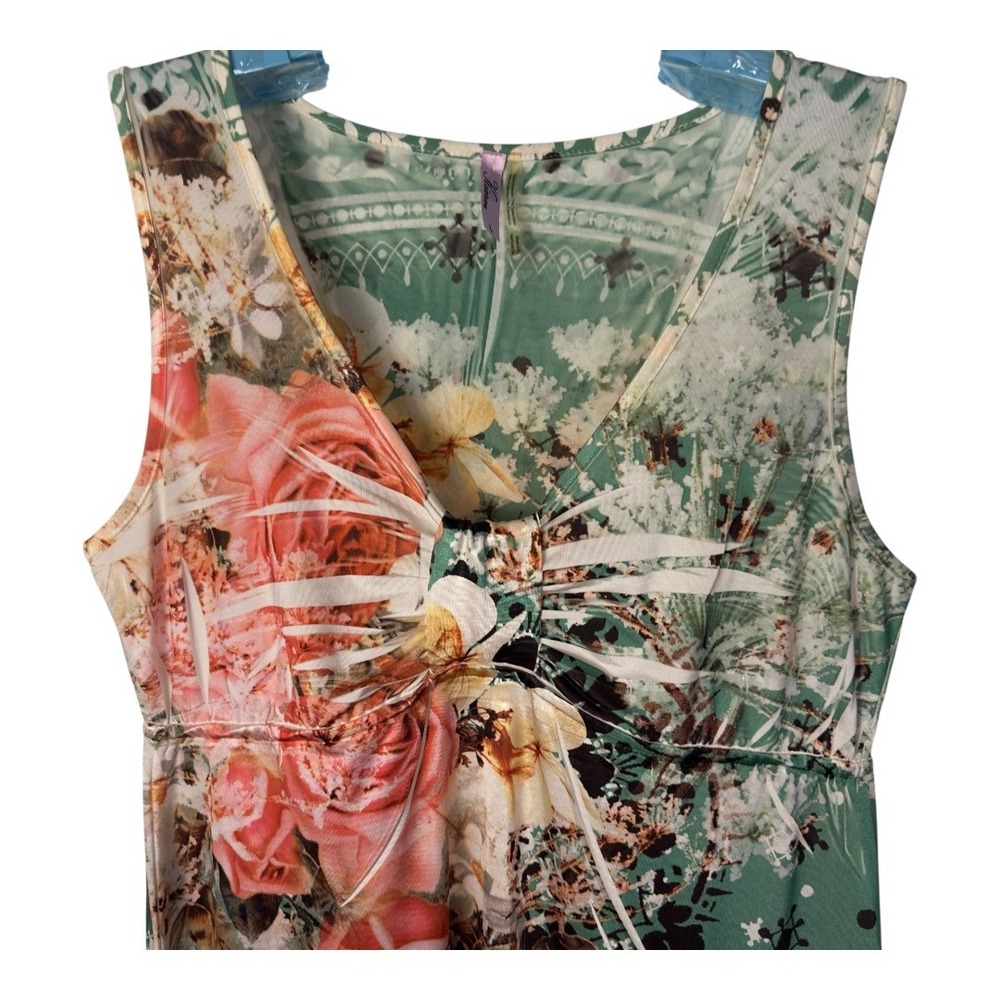 Kiara Sage‎ Sleeveless Dress Rose Flower Print Green Floral Summer Casual Large